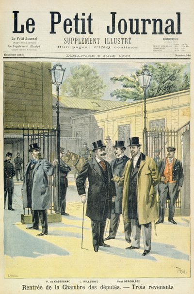 Title Page Depicting the Reopening of the House of Deputies with Paul Granier de Cassagnac, Lucien Millevoye and Paul Deroulede, Illustration from the Illustrated Supplement of Le Petit Journal by Oswaldo Tofani